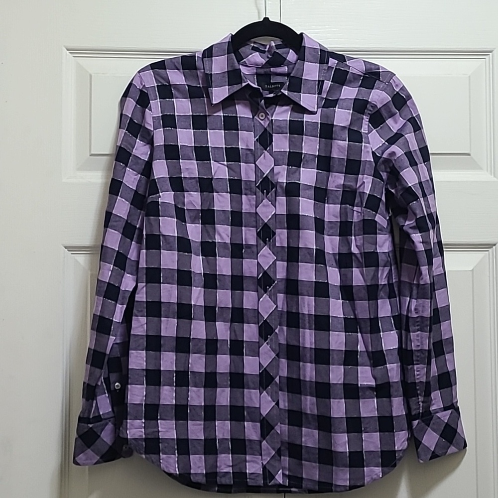 Talbots button up shirt size small‎ check plaid cotton metallic